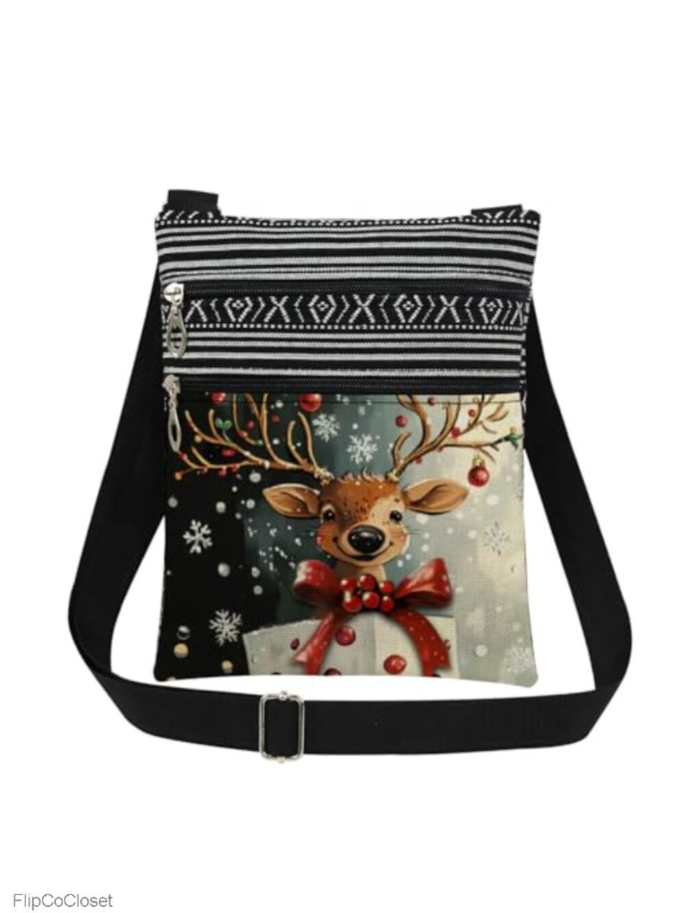 Christmas Deer Polyester Crossbody Bag Adjustable Strap Double Zipper Sling